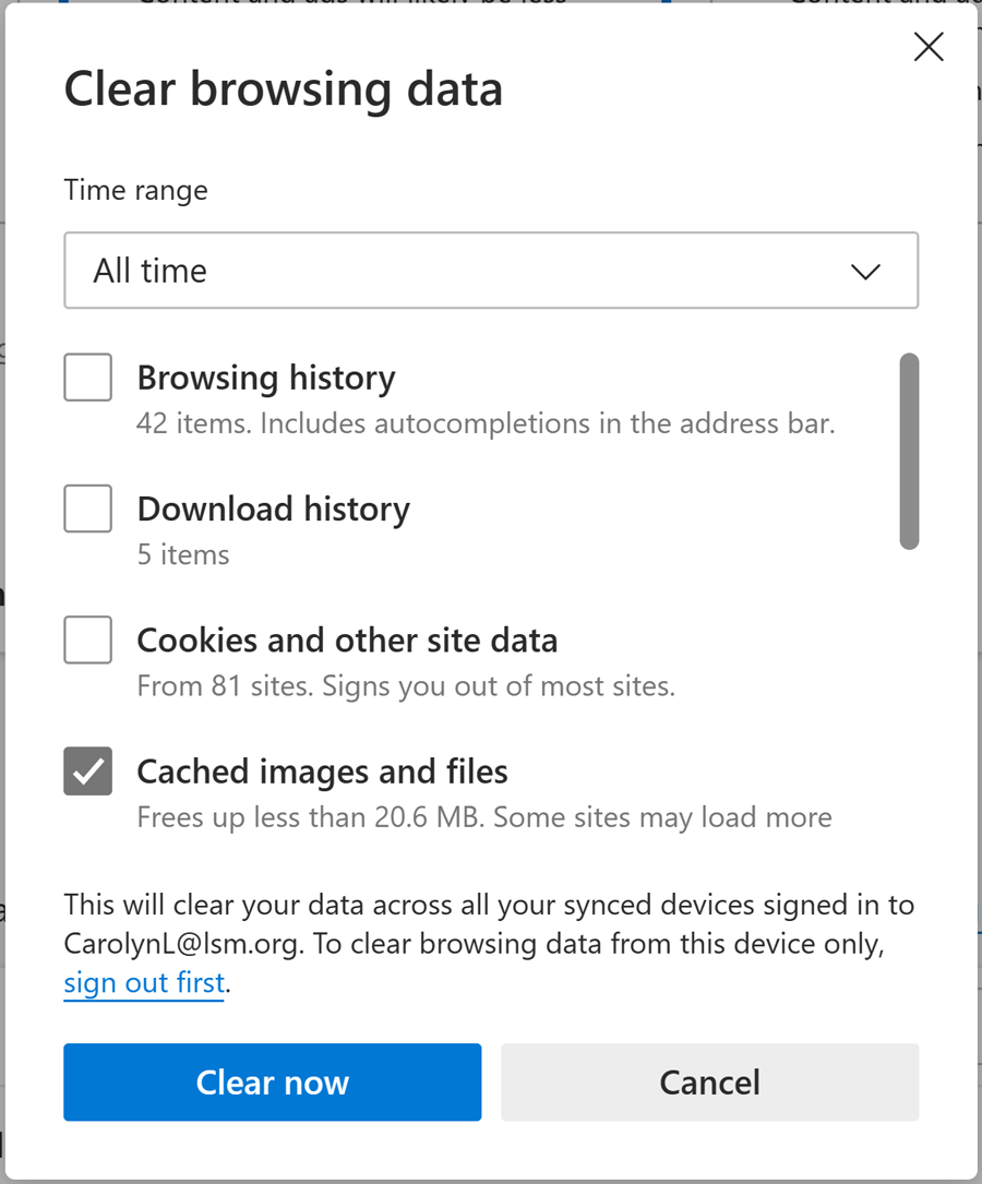 Edge - Clear browsing data options